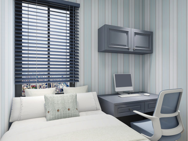 3D效果图，优雅宽敞的现代公寓卧室设计，大床旁的大衣柜，图片下载