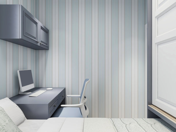 3D效果图，优雅宽敞的现代公寓卧室设计，大床旁的大衣柜，图片下载