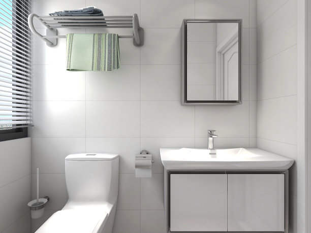 3D效果图，洁净现代住宅浴室及卫生间设计，配备盥洗台、卫生间、淋浴设备等。图片下载