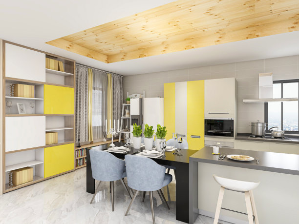 3D渲染，宽敞现代豪华厨房与酒吧设计。图片下载