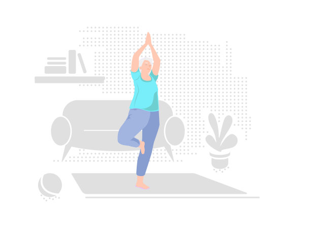 老奶奶独自在家做瑜伽。室内休闲退休。积极健康的生活方式隔离。运动、健身适合老年人。平衡训练。旧字符练习矢量插图图片下载