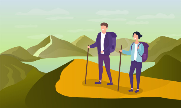 年轻的女人和男人在山里旅行图片下载