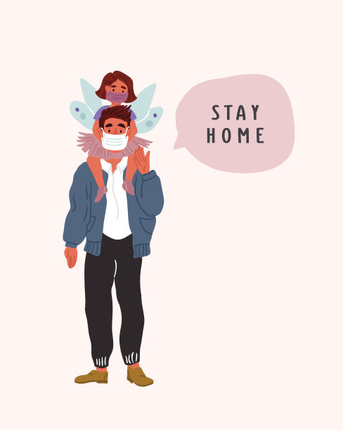 戴口罩的父女插画图片下载