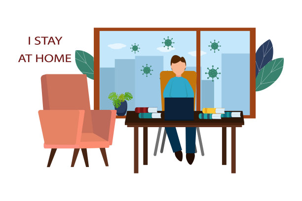 冠状病毒暴发媒介概念。年轻人在家里工作或学习。空气中弥漫着Covid-19病毒。待在家里隔离防止病毒图片下载