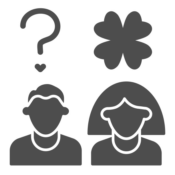 夫妇三叶草固体图标。男孩和女孩的问题和三叶草字形风格的象形文字在白色的背景。圣帕特里克节爱财富的移动概念和网页设计。矢量图形。图片下载