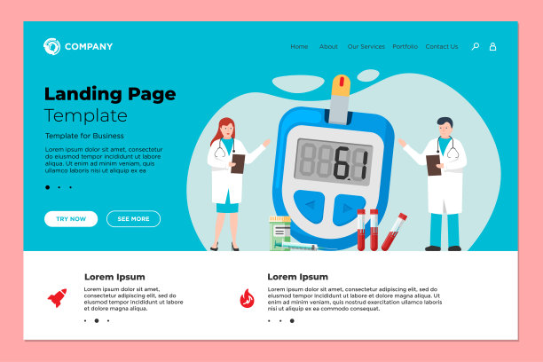 医生用血糖仪对男女进行糖尿病的医学诊断，测量血糖水平登陆页面设计模板。糖尿病血糖仪矢量网站插图图片下载