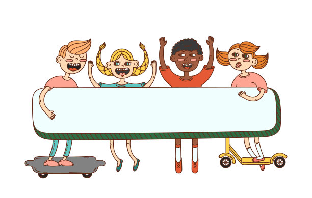 有趣的夏日孩子们举着题词的横幅。图片下载