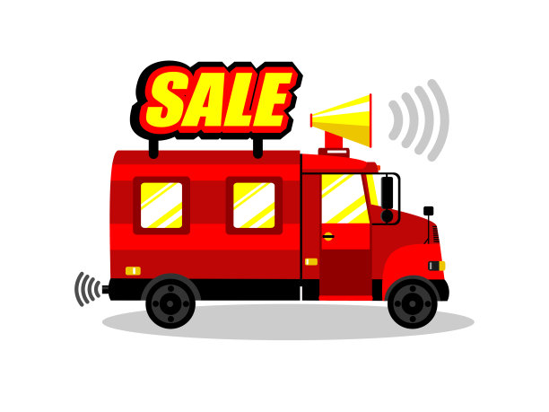 广告红色微型卡车与销售和扬声器上的屋顶图片下载