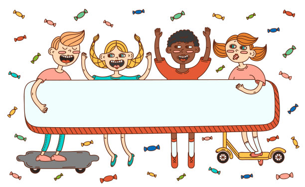 有趣的夏日孩子们举着题词的横幅。图片下载