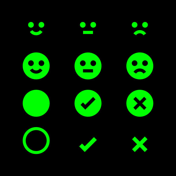 绿色发光的图标表情脸，情绪符号和批准检查签字按钮，荧光表情脸和勾选x或确认和拒绝，按钮发光的应用程序，图标复选标记闪烁图片下载