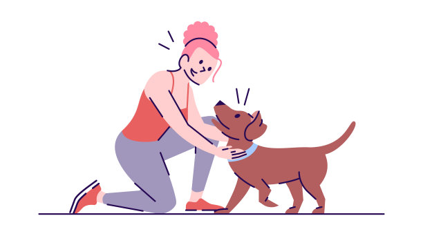 快乐的白人女孩和欢快的小狗平面矢量插图。和动物一起玩。年轻微笑的女人和顽皮的狗孤立的卡通人物与轮廓元素在白色的背景图片下载