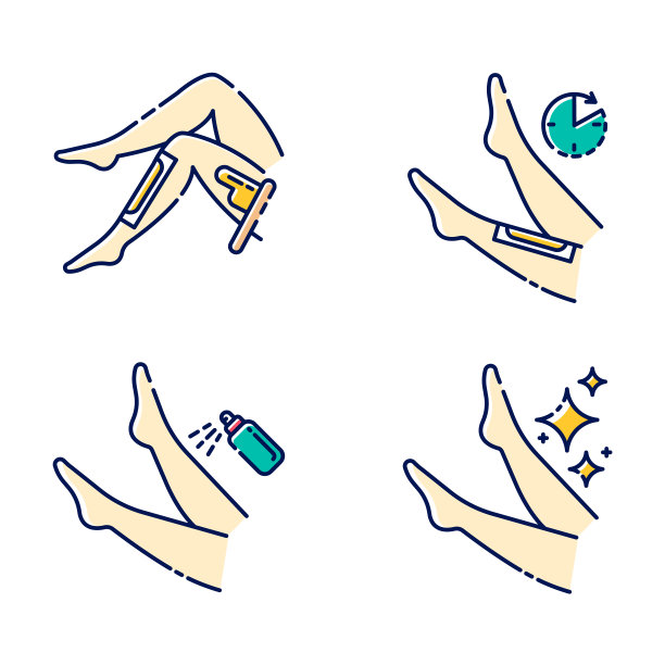 腿部蜡米色图标集。小腿脱毛采用自然冷、热打蜡工艺。女性身体脱毛步骤。专业家居美容。孤立的矢量插图图片下载