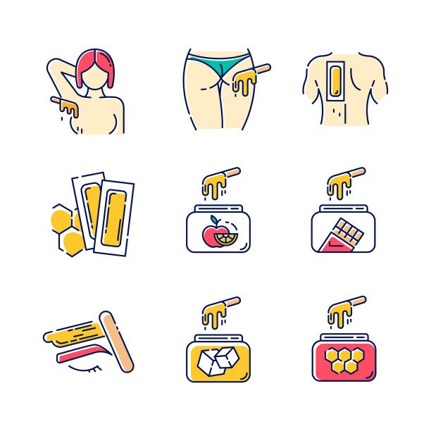 上蜡颜色图标集。腋窝，臀部，背部，眉毛脱毛。天然水果，糖蜡罐。冷脱毛。专业美容美容化妆品。孤立的矢量插图图片下载