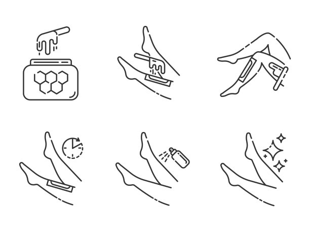 Shin蜡线性图标集。腿毛去除采用天然蜂蜜热蜡条工艺。身体脱毛的步骤。细线等高线符号。孤立矢量大纲插图。可编辑的中风图片下载