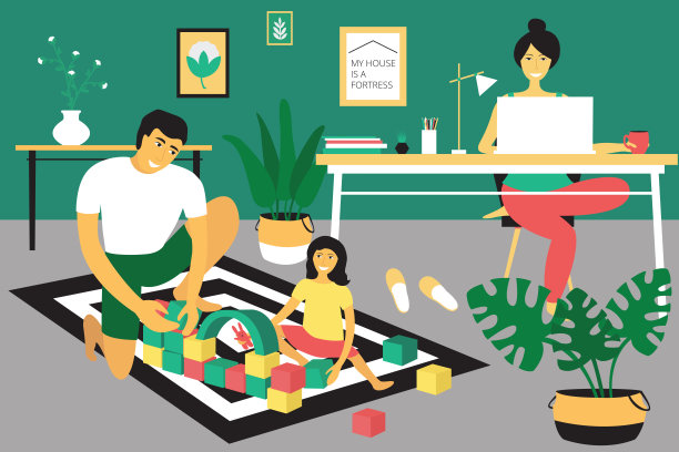 幸福的家庭。妈妈在笔记本电脑上在线工作，远程工作的概念。父亲和女儿玩。现代平面设计理念，休闲在家。矢量插图。素材图片