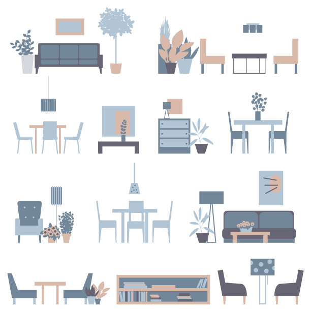 家居家具、灯具和植物。矢量插图。图片下载
