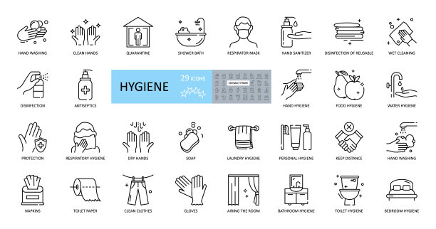 卫生图标。集29图像与可编辑的笔触。包括手、身体、房屋、衣物、床上用品的卫生。用肥皂洗手，淋浴，口罩，消毒剂，隔离，距离图片下载