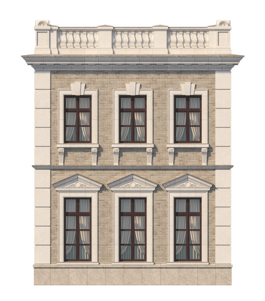 带有窗户的两层古典式住宅立面。三维渲染图片下载
