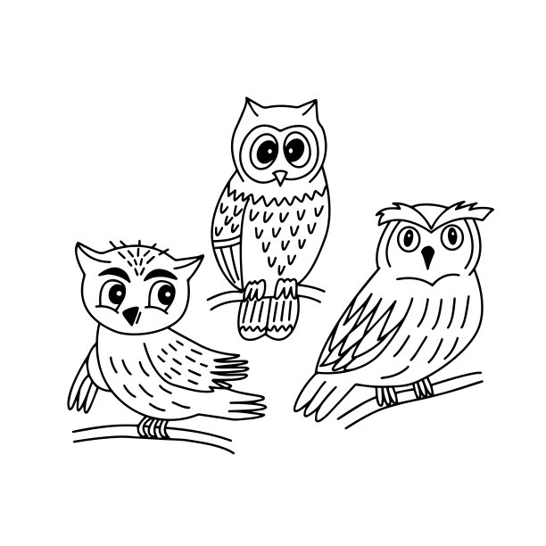 一组可爱的猫头鹰在矢量图形上的白色背景。用于制作衣服上的印刷品，儿童书籍插图，涂色，笔记本封面图片下载