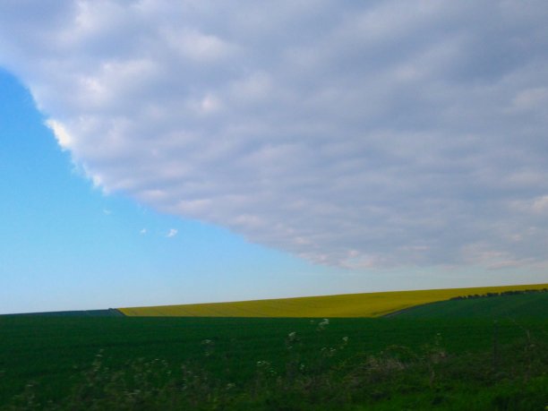 碧绿的田野上，大片的云彩和蔚蓝的天空图片下载