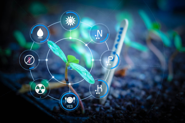 智能科技与物联网未来农业概念。用一个手指点击数字屏幕的分析报告。文本的空闲空间。迷离温柔的艺术自然背景图片下载