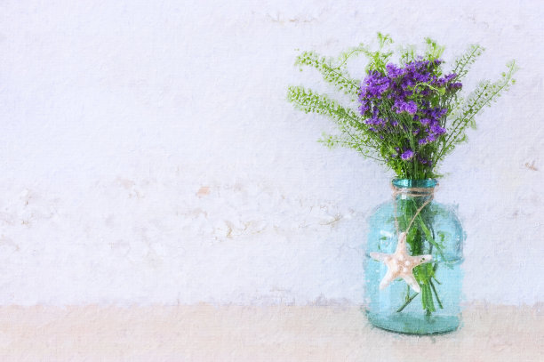 抽象背景的春天花在花瓶。油画风格照片图片下载