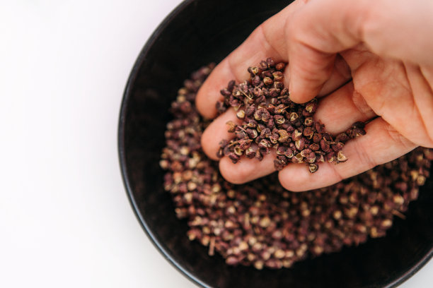 一个男人的手掌从白色桌子上的碗里拿起一个花椒。花椒，中国胡椒，帖木儿或尼泊尔胡椒在不丹，尼泊尔，泰国的菜系中非常受欢迎。图片下载