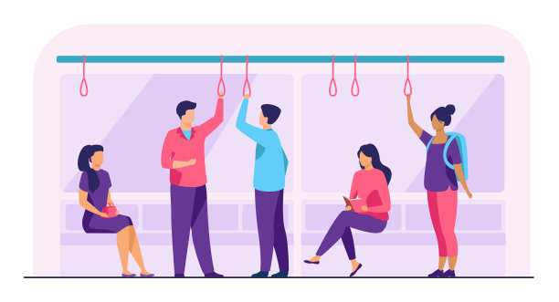 乘客在地铁车厢平面矢量插图图片下载