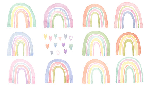 水彩彩虹和心集图片下载