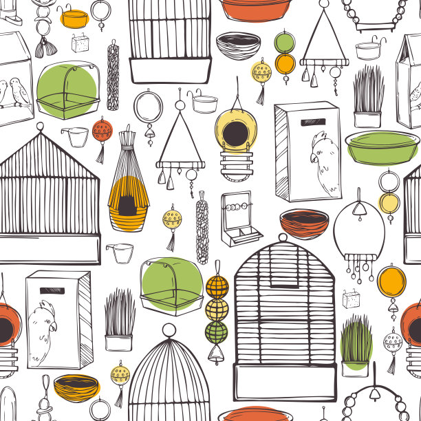 手绘鹦鹉的东西设置。向量无缝模式。图片下载