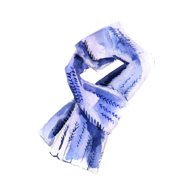 蓝色针织围巾，手绘水彩插图，孤立的对象在白色的背景。冬天的舒适。图片下载