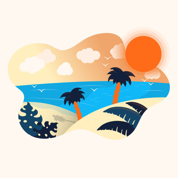 手绘五彩缤纷的热带海滩横幅。夏天印着阳光、沙子、棕榈叶和树木、天空中的大海和云彩。天堂边界为请柬。图片下载