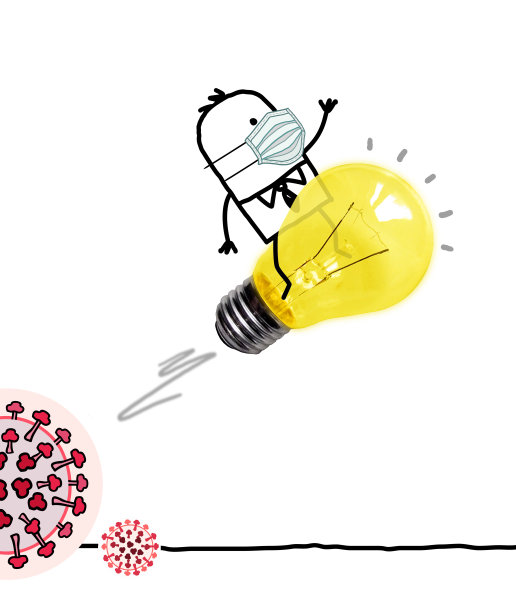 戴面具的卡通人用灯泡火箭逃离病毒图片下载