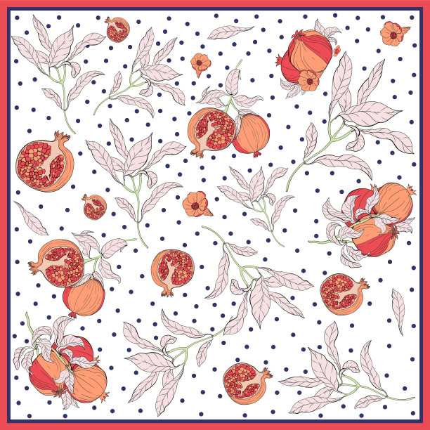 石榴枝丝巾，绣满花果。卡片，印花手帕，手帕设计，餐巾，婚礼请柬，生日，织物，健康食品，剪贴簿。准备好打印图片下载