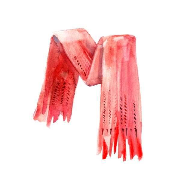 红色针织围巾，手绘水彩插图，孤立对象在白色背景。冬天的舒适。图片下载