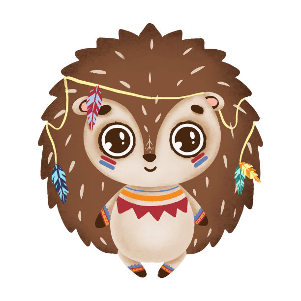 可爱的小波西刺猬部落和羽毛在白色的背景图片下载