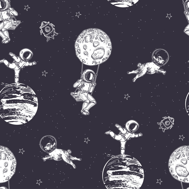 宇航员坐在秋千上。哈巴狗宇航员在太空飞行。关于天文学主题的插图。无缝模式。图片下载