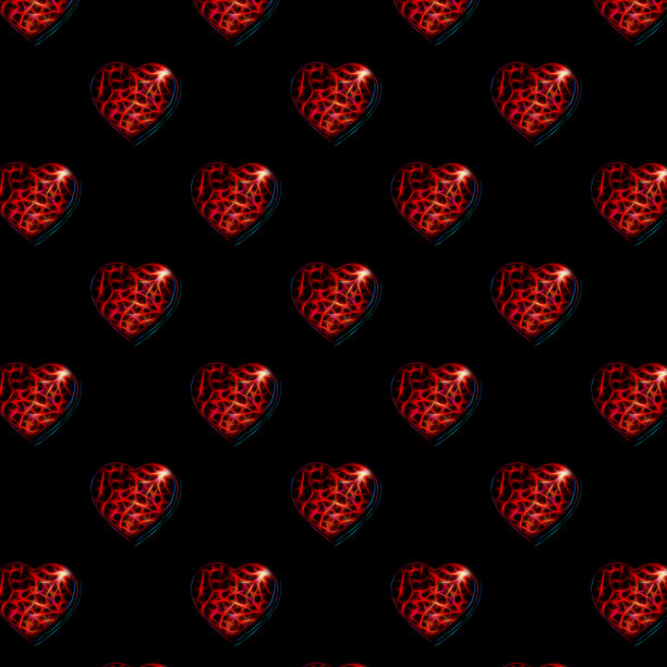 无耻的3D心脏模式。美丽的心由分形抽象图案和交织的线条在黑色的背景图片下载
