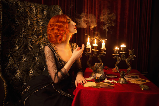 红头发穿着黑色复古裙的复古女性。经典的红发女人，红唇，吸着烟嘴。黑色时尚。蜡烛在烛台上燃烧。黑色电影。香烟烟雾。1920年代图片下载