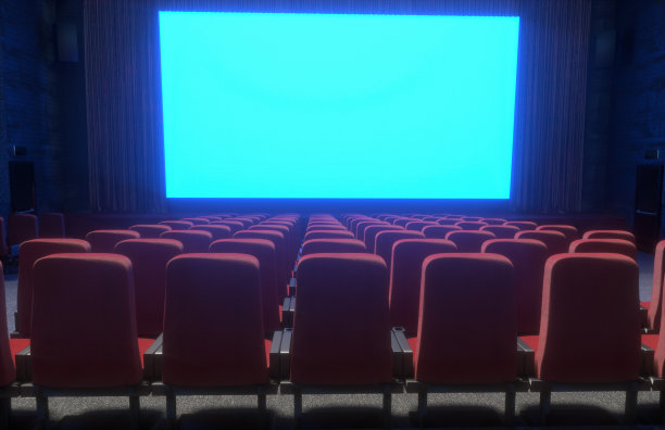 电影院的室内，红色和黑色的空白座位，屏幕上的拷贝空间和发光的边缘，娱乐和娱乐的概念3d渲染图片下载