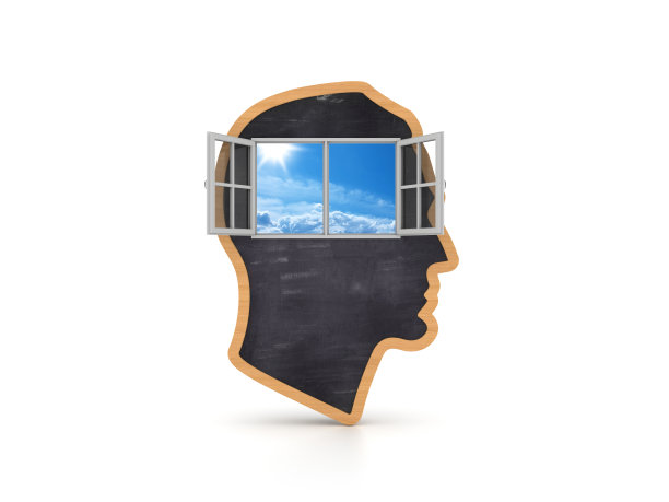 人的头部形状和窗口与天空- 3D渲染图片下载