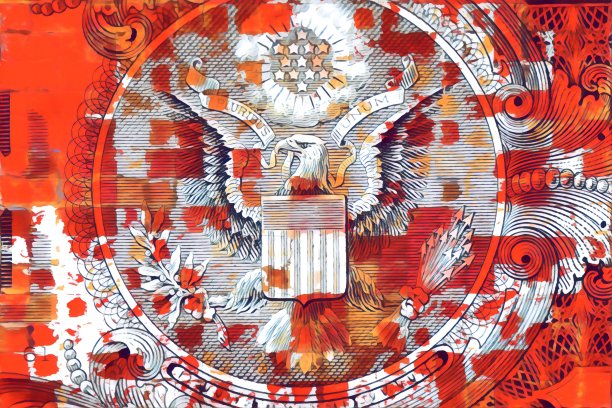 一美元纸币上覆盖红色斑点的宏观细节图片下载