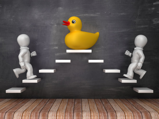 商业人物与橡皮鸭在黑板上的步骤- 3D渲染图片下载