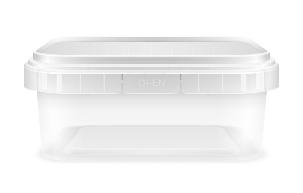 透明低矩形空塑料桶。前视图孤立的白色背景。图片下载