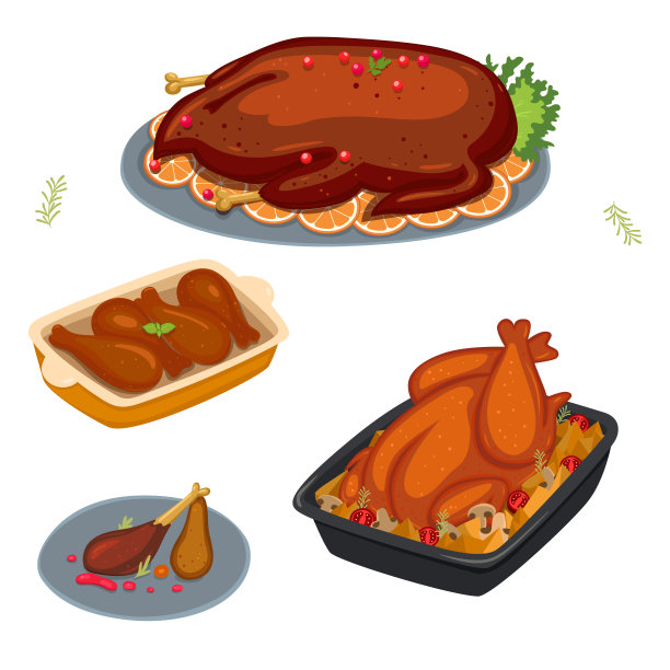 在白色背景上单独放置烤鸡的一套菜肴。矢量图形。素材图片