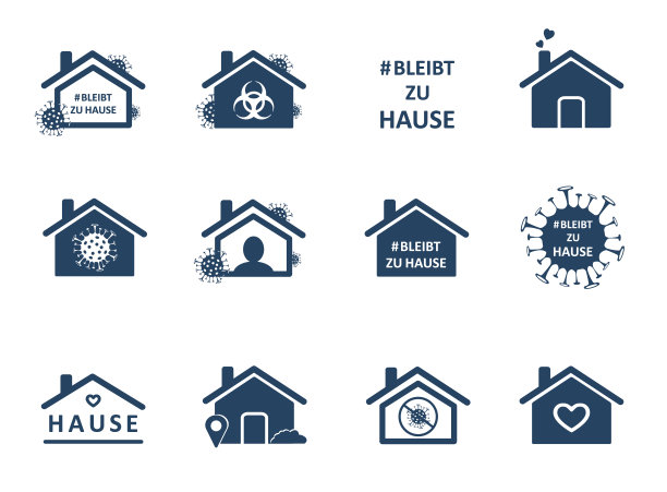 Bleibt说话。呆在德国的家里。一套自我隔离的社交媒体贴纸。采取隔离措施防止病毒传播。矢量图标covid19应用程序，突出封面或故事模板。图片下载