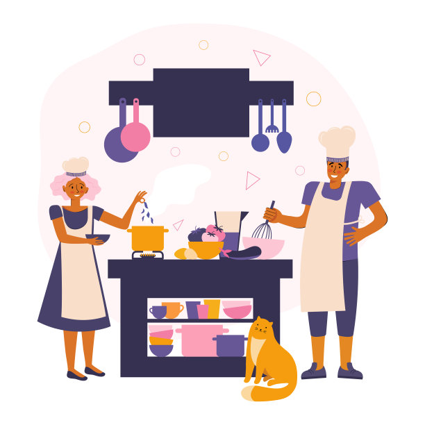 快乐的年轻夫妇呆在家里，在厨房里准备食物。花时间在一起。居家休闲，居家隔离。厨师准备健康的菜肴。手绘矢量平面插图。图片下载