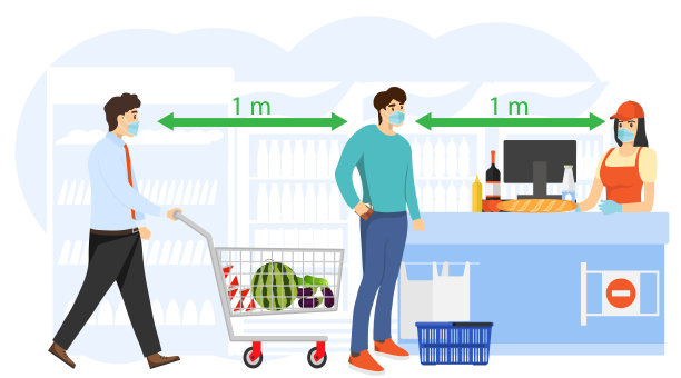 消费者受到保护，不受冠状病毒感染。人与人之间保持安全距离。蒙面人可以免受冠状病毒感染。矢量插图。向量。图片下载
