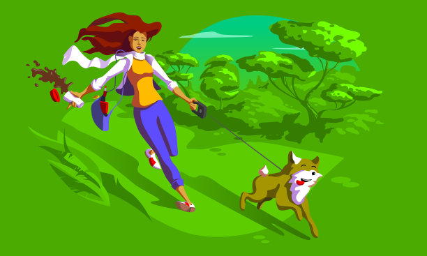 被柯基拉着的女性在公园里跑步图片下载