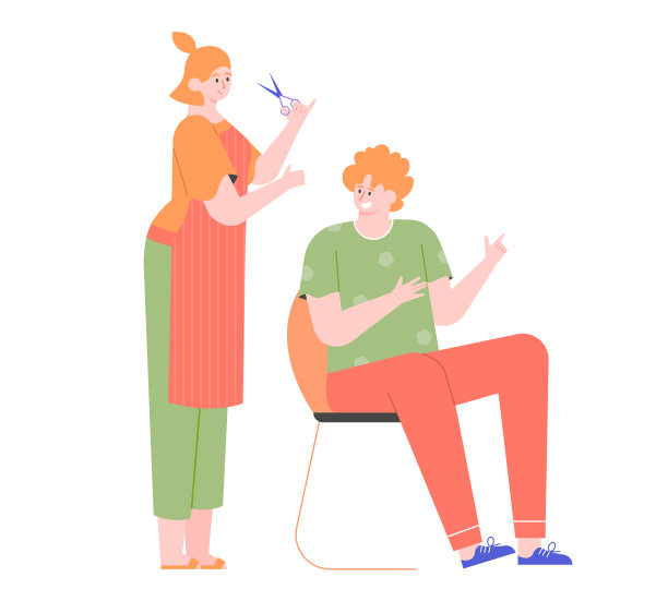 女孩给男人理发。理发师。头发护理。矢量平面插图。图片下载